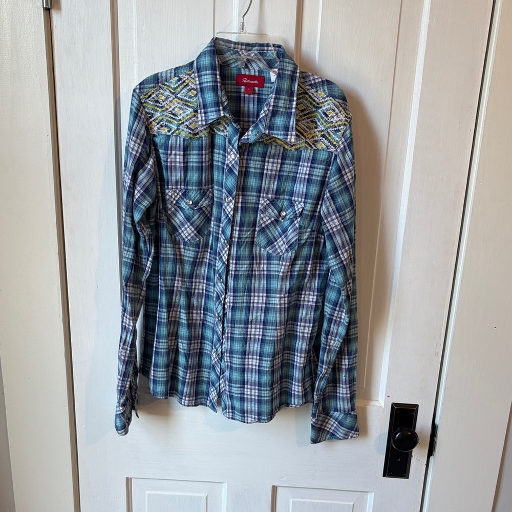 Panhandle Pearl Snap Blue Plaid Shirt Womens‎ size l